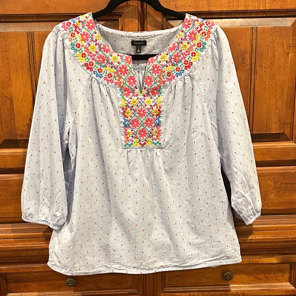 Talbots Blue Embroidered Floral Peasant Tunic